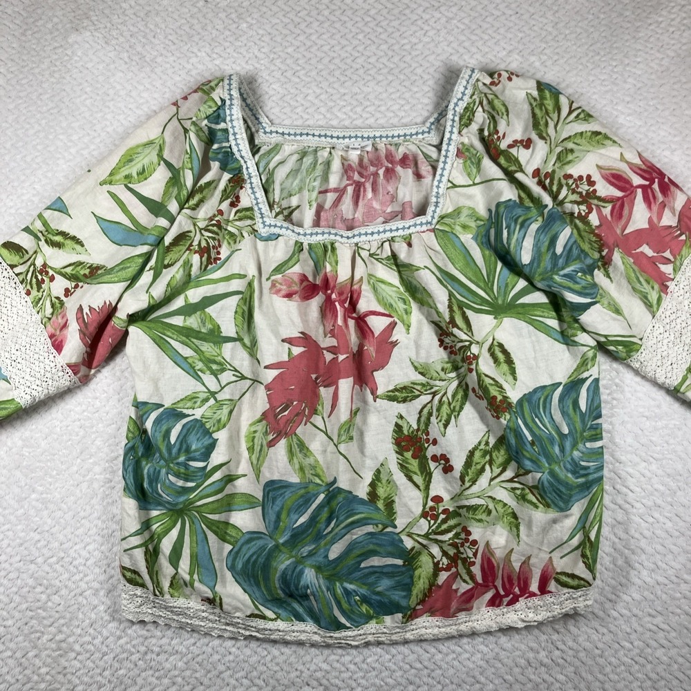 Nicole Miller Top 2X Floral Linen Blend Puff Sleeve Boho Breathable‎ Vacation